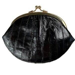 Vintage Genuine Eel Skin Coin Purse Black Gold Kiss Lock Clasp Clutch